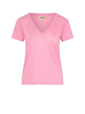 Pink V-neck women's t-shirt with logo