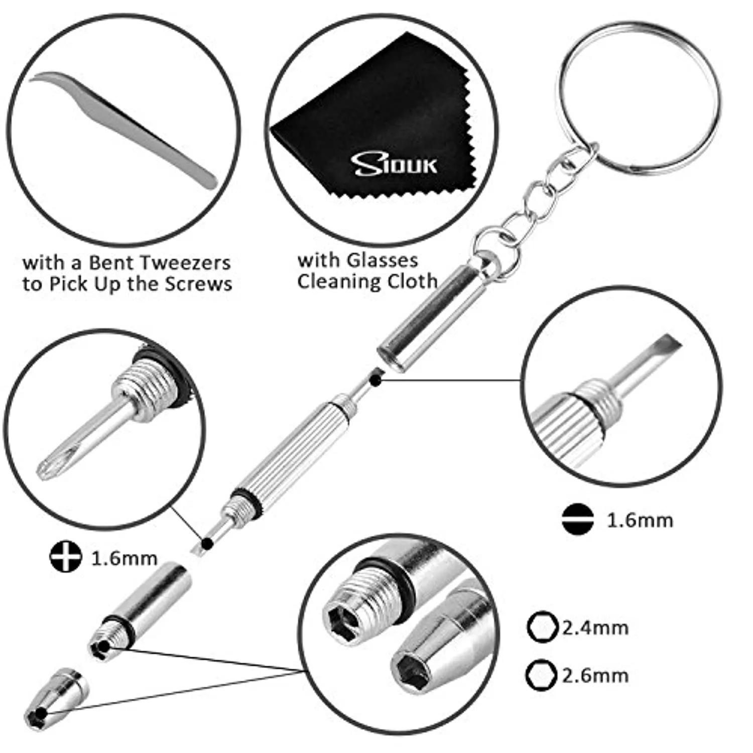 SIQUK Kit Riparazione Occhiali 8 in 1 Cacciavite Magnetico 6 Paia Cuscinetti Nasali per Occhiali Orologi