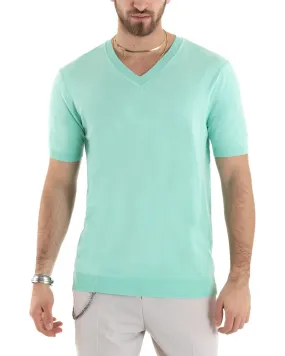 T-shirt Uomo Filo Manica Corta Tinta Unita Verde Acqua Scollo a V Casual GIOSAL-TS2866A